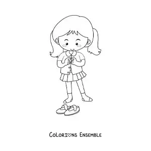 Dessin à colorier d’une petite fille qui met son uniforme pour aller à l’école