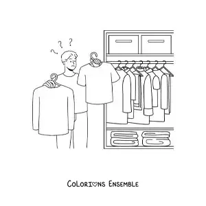 Dessin à colorier d’un homme qui choisit une chemise dans sa garde-robe