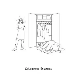 Dessin à colorier d’une fille qui choisit quoi mettre dans son placard