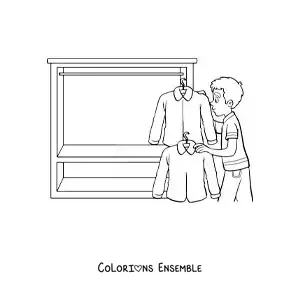 Dessin à colorier d’un petit garçon qui sort des chemises de son placard