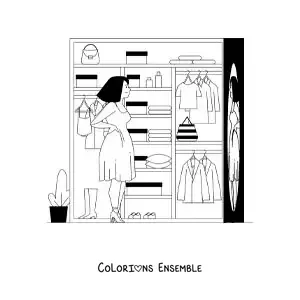 Dessin à colorier d’une fille qui choisit sa tenue pour sortir