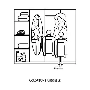 Dessin à colorier d’une femme qui choisit sa tenue dans le placard