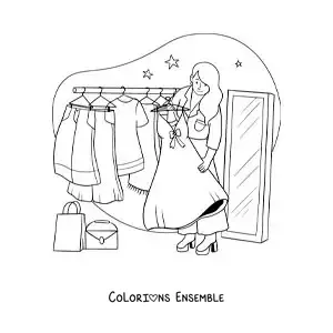 Dessin à colorier d’une fille qui choisit une robe et un sac dans son placard
