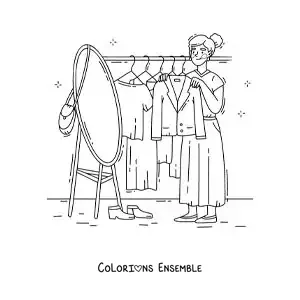 Dessin à colorier d’une fille qui essaie un manteau devant le miroir