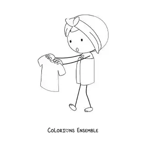 Dessin à colorier d’une petite fille enveloppée dans des serviettes qui tient une chemise sur un cintre