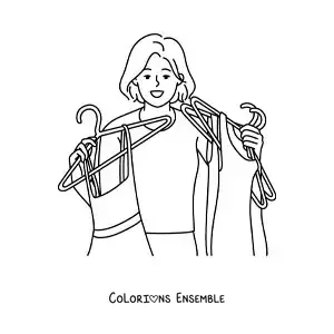 Dessin à colorier d’une femme qui tient plusieurs cintres avec des robes de son placard