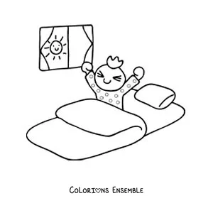 Dessin à colorier d’un petit garçon qui se réveille dans sa chambre le matin
