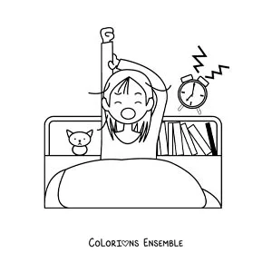 Dessin à colorier d’une petite fille qui se réveille dans sa chambre avec un réveil