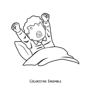 Dessin à colorier d’un petit garçon qui bâille dans son lit à son réveil