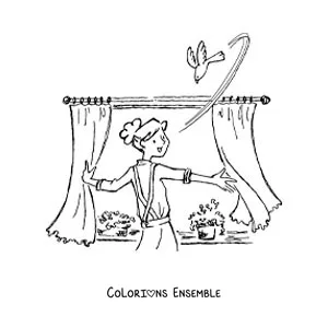 Dessin à colorier d’une fille qui ouvre la fenêtre le matin