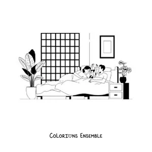 Dessin à colorier d’une petite fille qui se réveille à côté de ses parents le matin