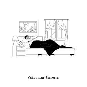 Dessin à colorier d’un garçon qui se réveille dans sa chambre avec un réveil