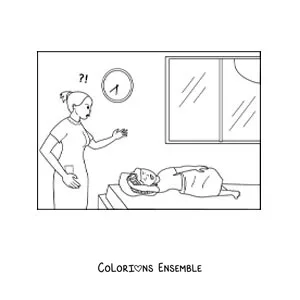 Dessin à colorier d’une maman fâchée qui réveille son fils tôt