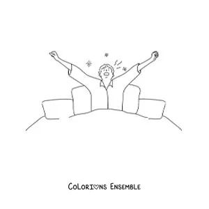 Dessin à colorier d’un garçon qui s’étire dans son lit à son réveil