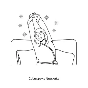 Dessin à colorier d’une fille qui s’étire dans son lit à son réveil