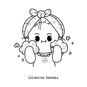 Dessin à colorier d’une petite fille kawaii qui se lave le visage au lever, le matin