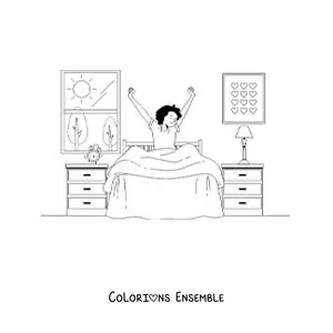 Dessin à colorier d’un petit garçon qui se réveille dans sa chambre avec un réveil