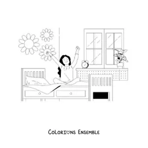 Dessin à colorier d’une petite fille qui sort du lit dans sa chambre avec un réveil