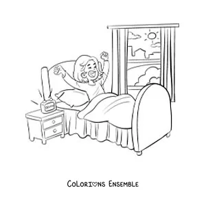 Dessin à colorier d’une petite fille rigolote qui se réveille dans sa chambre avec un réveil