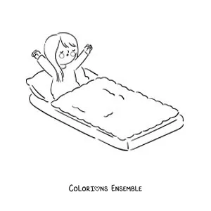 Dessin à colorier d’une petite fille kawaii qui se réveille dans son lit