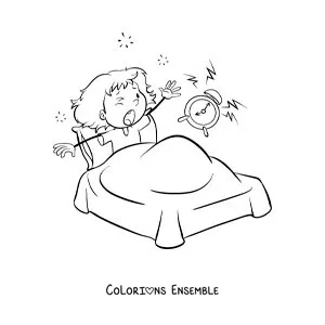 Dessin à colorier d’une petite fille rigolote qui se réveille dans son lit avec un réveil
