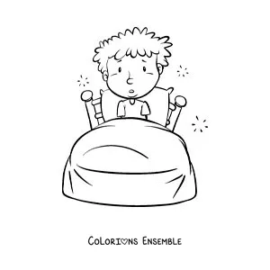 Dessin à colorier d’un petit garçon rigolo qui se réveille dans son lit