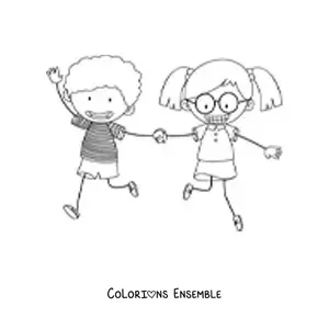 Image à colorier d'un garçon et d'une fille qui courent en se tenant par la main
