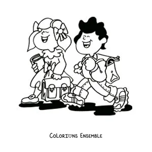 Dessin à colorier de deux enfants en route pour l’école
