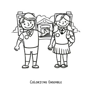 Dessin à colorier de deux enfants rigolos en uniforme devant l’école