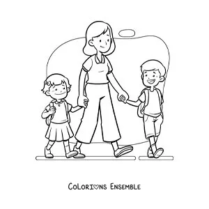 Dessin à colorier d’une maman rigolote qui emmène ses enfants à l’école