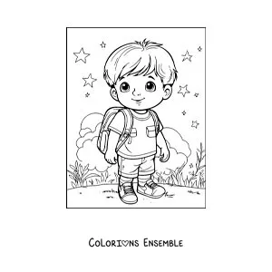 Dessin à colorier d’un petit garçon avec son sac à dos en route pour l’école