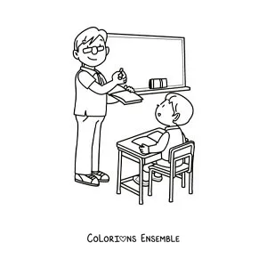 Dessin à colorier d’un petit garçon à son pupitre, avec son maître qui explique au tableau