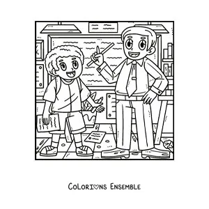 Dessin à colorier d’un petit garçon dans la salle de classe, avec son maître qui explique