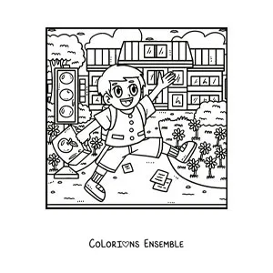 Dessin à colorier d’un petit garçon rigolo en uniforme qui va à l’école