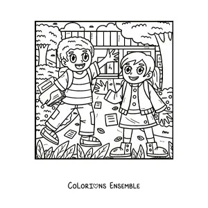 Dessin à colorier de deux enfants rigolos qui marchent vers l’école