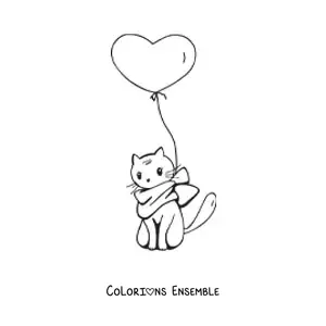Image à colorier d’un chat kawaii assis avec une écharpe et un ballon en forme de cœur