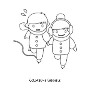 Image à colorier d'un garçon et d'une fille qui patinent sur la glace