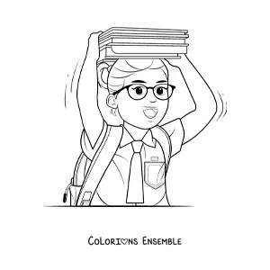 Dessin à colorier d’une petite fille en uniforme scolaire qui porte des livres