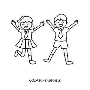 Dessin à colorier de deux enfants rigolos en uniforme scolaire