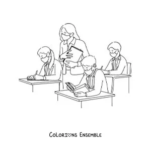 Dessin à colorier d’enfants avec des masques dans la salle de classe, avec la maîtresse