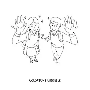 Dessin à colorier d’une fille et d’un garçon en uniforme qui saluent