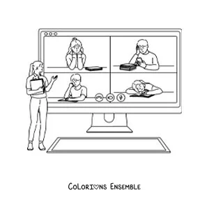 Dessin à colorier d’un écran d’ordinateur avec des enfants qui étudient en visio et la maîtresse qui explique