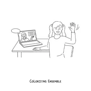 Dessin à colorier d’une petite fille avec son ordinateur portable dans un cours en ligne