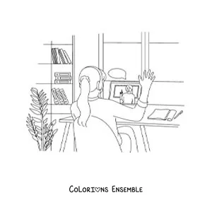 Dessin à colorier d’une petite fille avec un casque qui participe à un cours en ligne