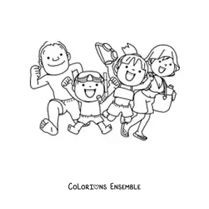 Image à colorier d'une famille heureuse en maillots de bain avec des accessoires d'été