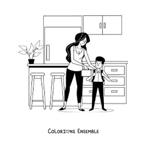 Dessin à colorier d’une maman qui donne une boîte à goûter avec le petit-déjeuner à son fils avant l’école