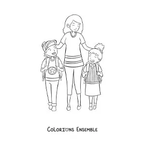 Dessin à colorier d’une maman qui marche avec sa fille et son fils vers l’école