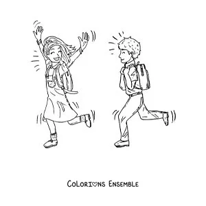Dessin à colorier de deux enfants qui courent vers l’école