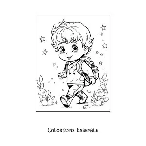 Dessin à colorier d’un petit garçon kawaii avec son sac à dos, prêt à aller à l’école