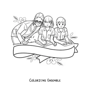 Dessin à colorier de deux enfants à l’école avec leur maîtresse